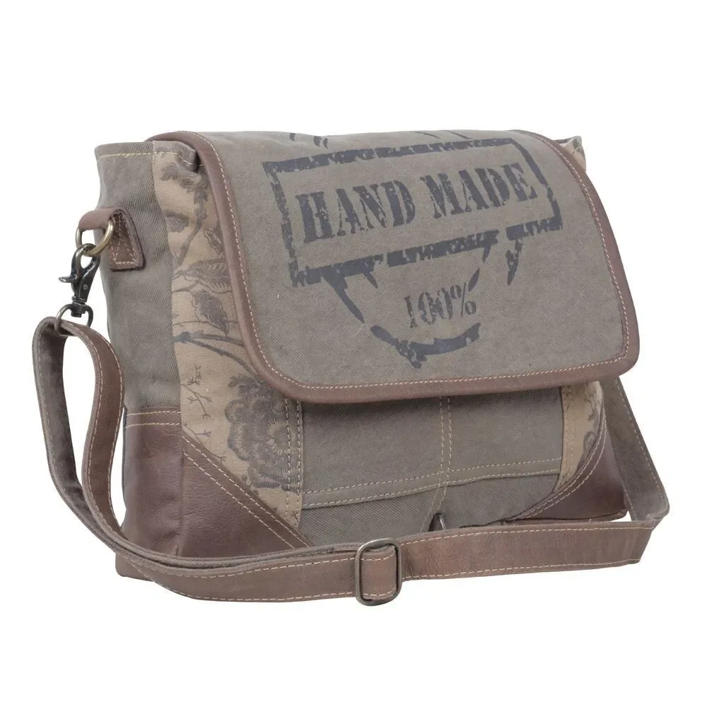 Myra Bag Handmade Wildest  Messenger Bag Upcycled Canvas & Cowhide Leather - Picture 3 of 9